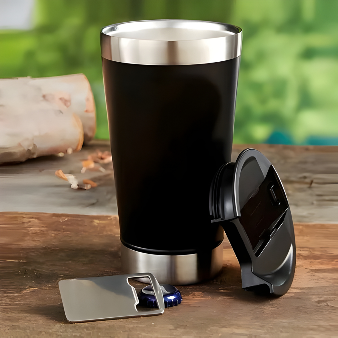 Vaso t&eacute;rmico con tapa y abridor - Negro